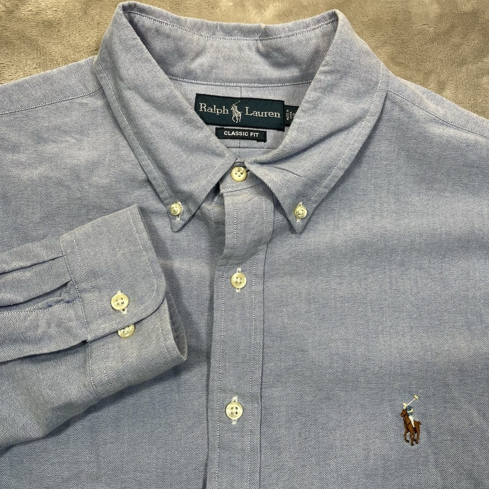 Ralph Lauren Shirt Men's Chambray Oxford 18 34/35 Flesh Pony Light Blue Denim